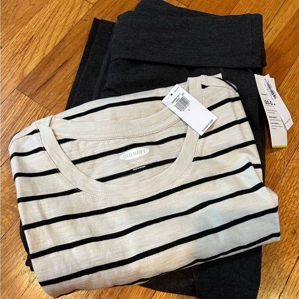 New with Tags! Cream and Black Striped Top with Graphite Gray Yoga Pants